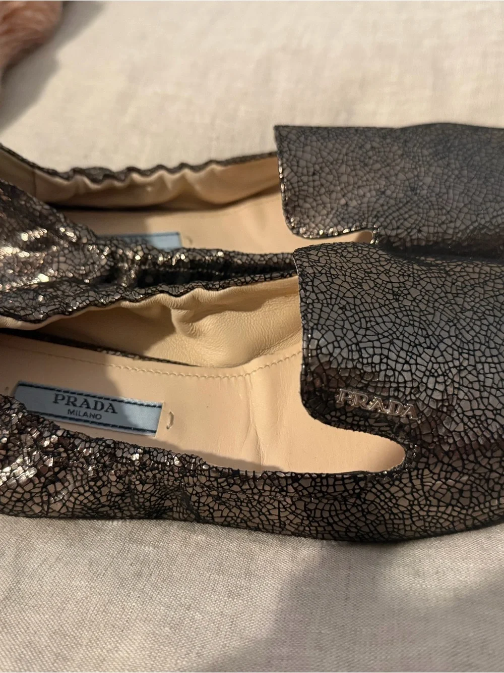 Prada Metallic Crackle Ballentina Flats